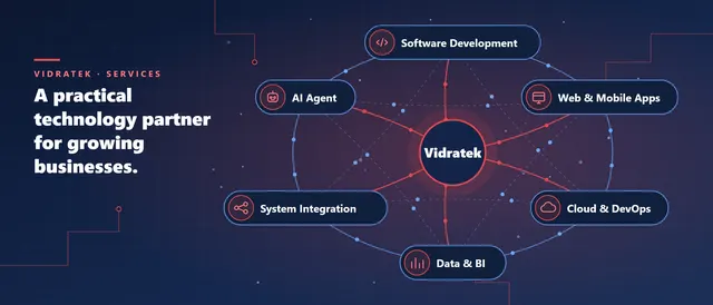 Vidratek services: software development, web and mobile apps, cloud and DevOps, data and BI, system integration, AI Agent